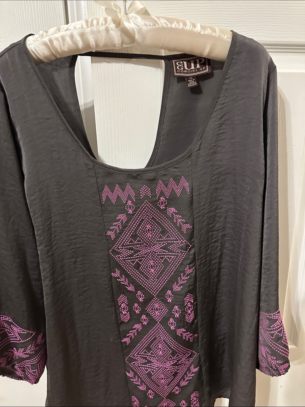 Cowgirl Up Black Tunic with Pink Embroidered Geometric Accents